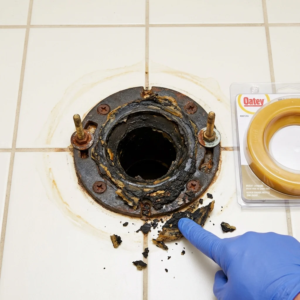 Failed wax ring showing water seepage at the base of a toilet in a Stratford, CA home