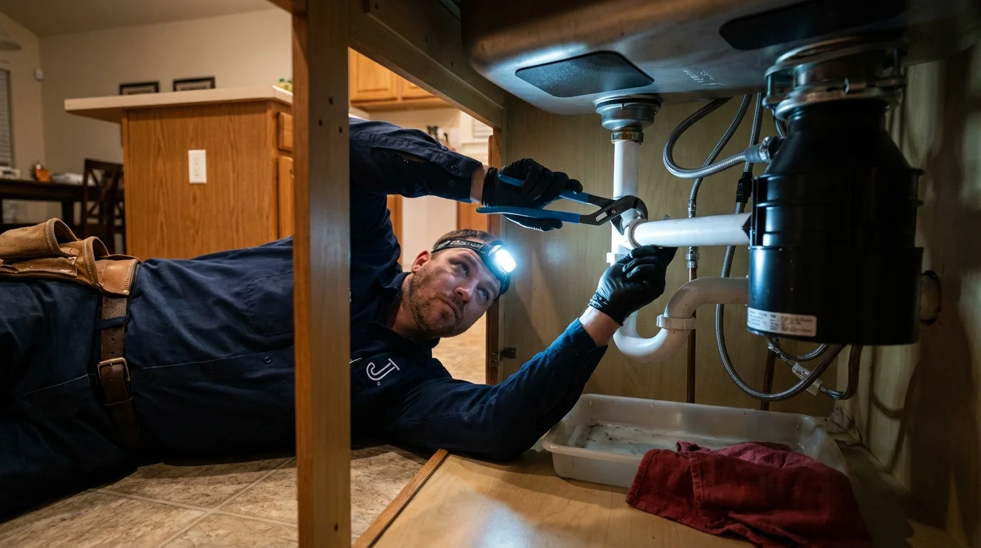 P-trap and supply line connections under a kitchen sink showing a common leak point in Stratford, CA